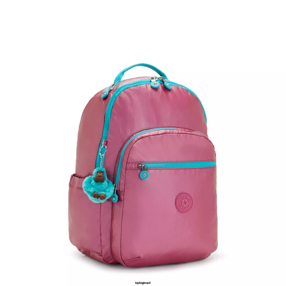 mulheres mochilas para notebook Kipling rosa fresco metálico mochila para laptop grande metálica de 15
