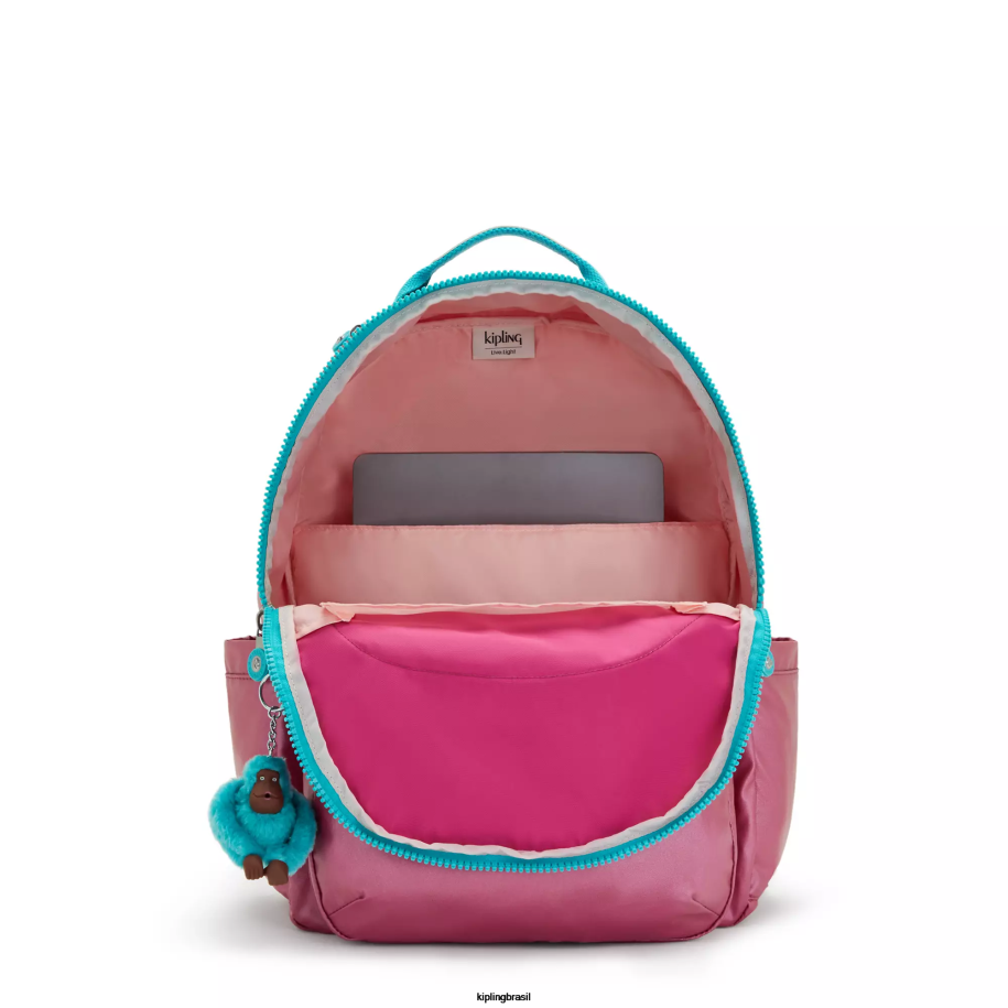 mulheres mochilas para notebook Kipling rosa fresco metálico mochila para laptop grande metálica de 15